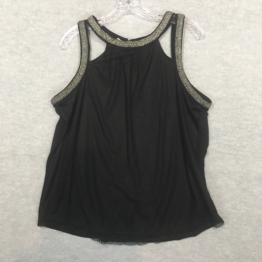 Maurices L Strappy Black Cut Out Blouse Metallic Trim Sheer Overlay Stretch Gold